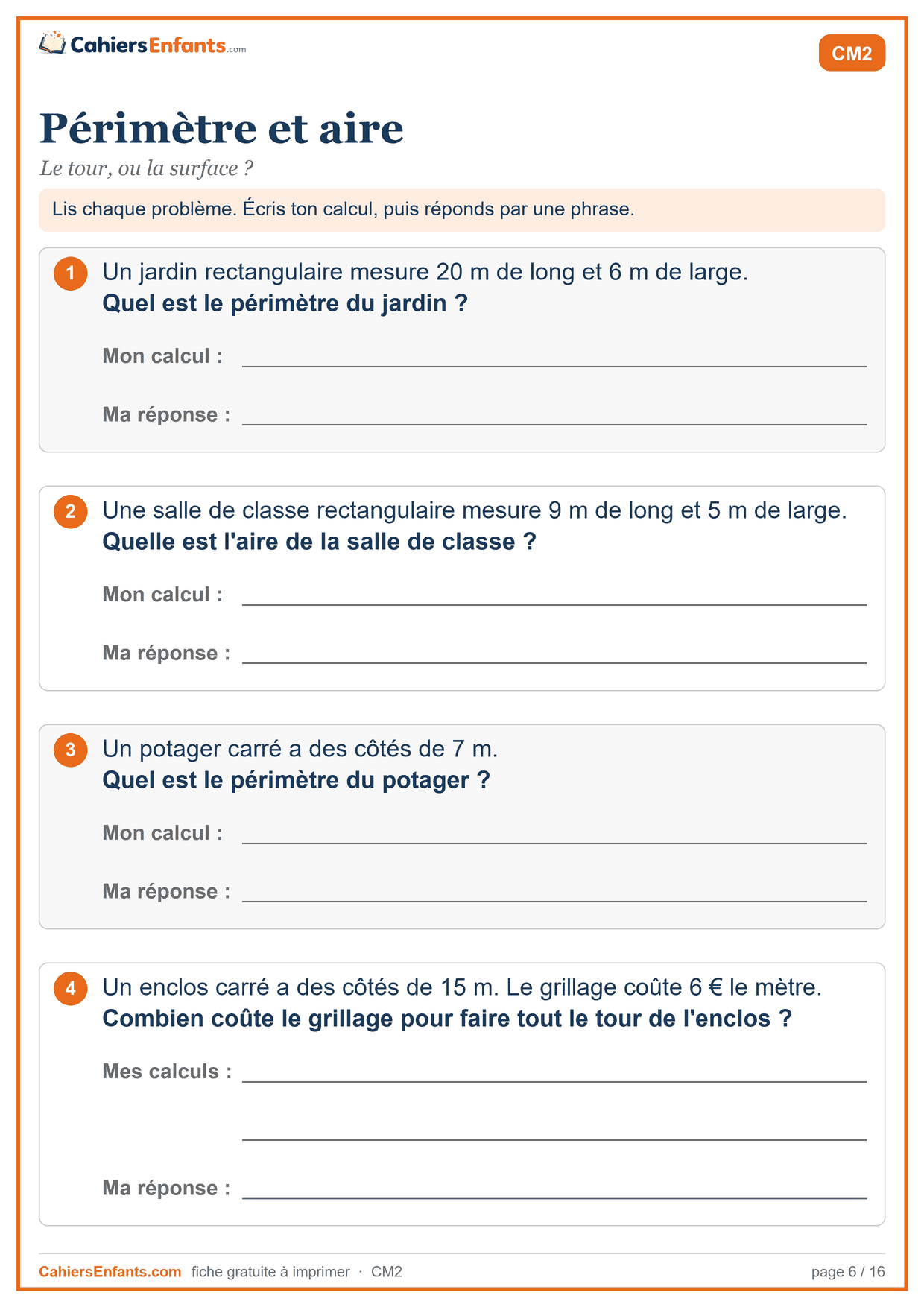 Fiche de problèmes CM2 à imprimer : périmètre et aire