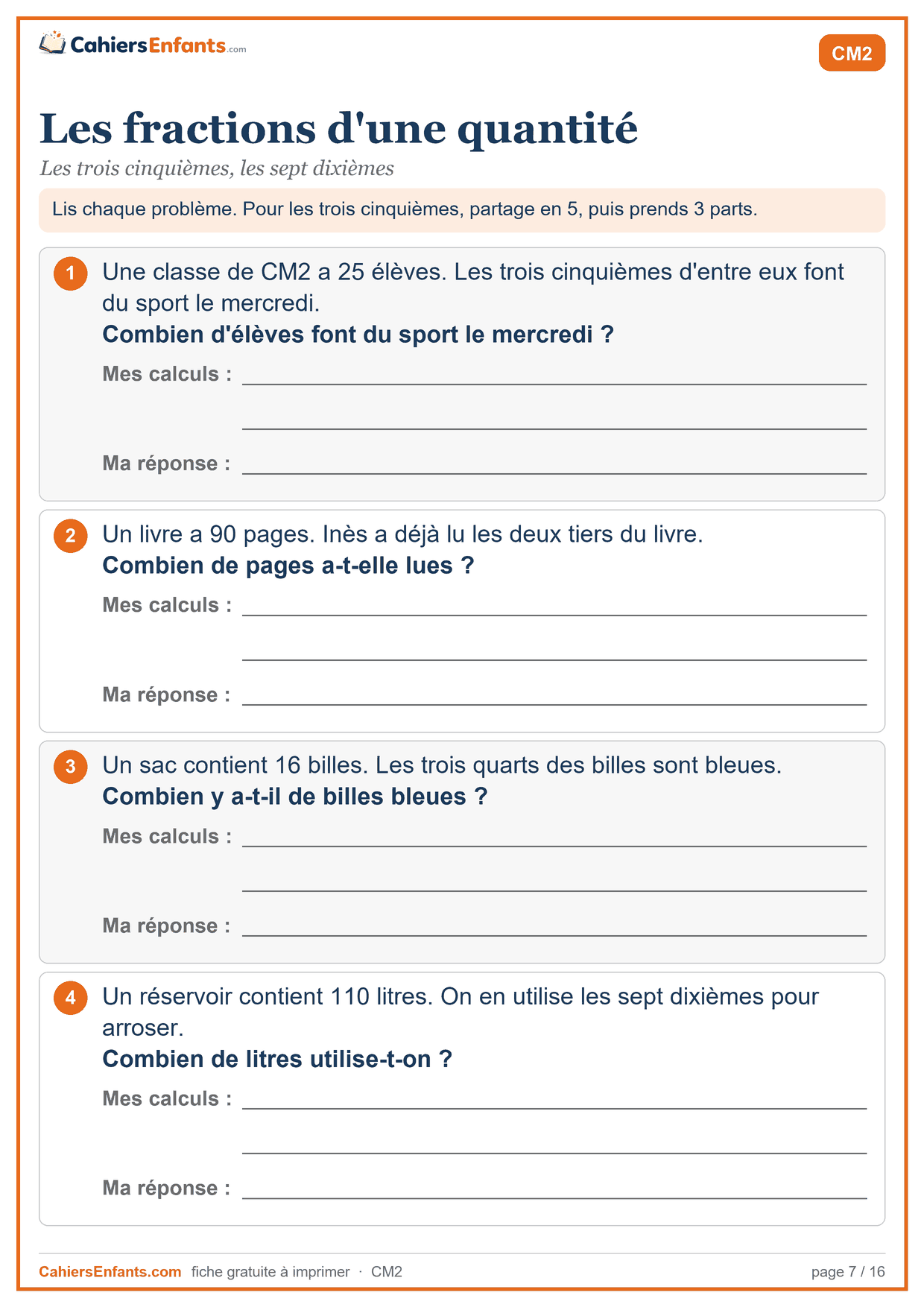 Fiche de problèmes CM2 à imprimer : les fractions d'une quantité