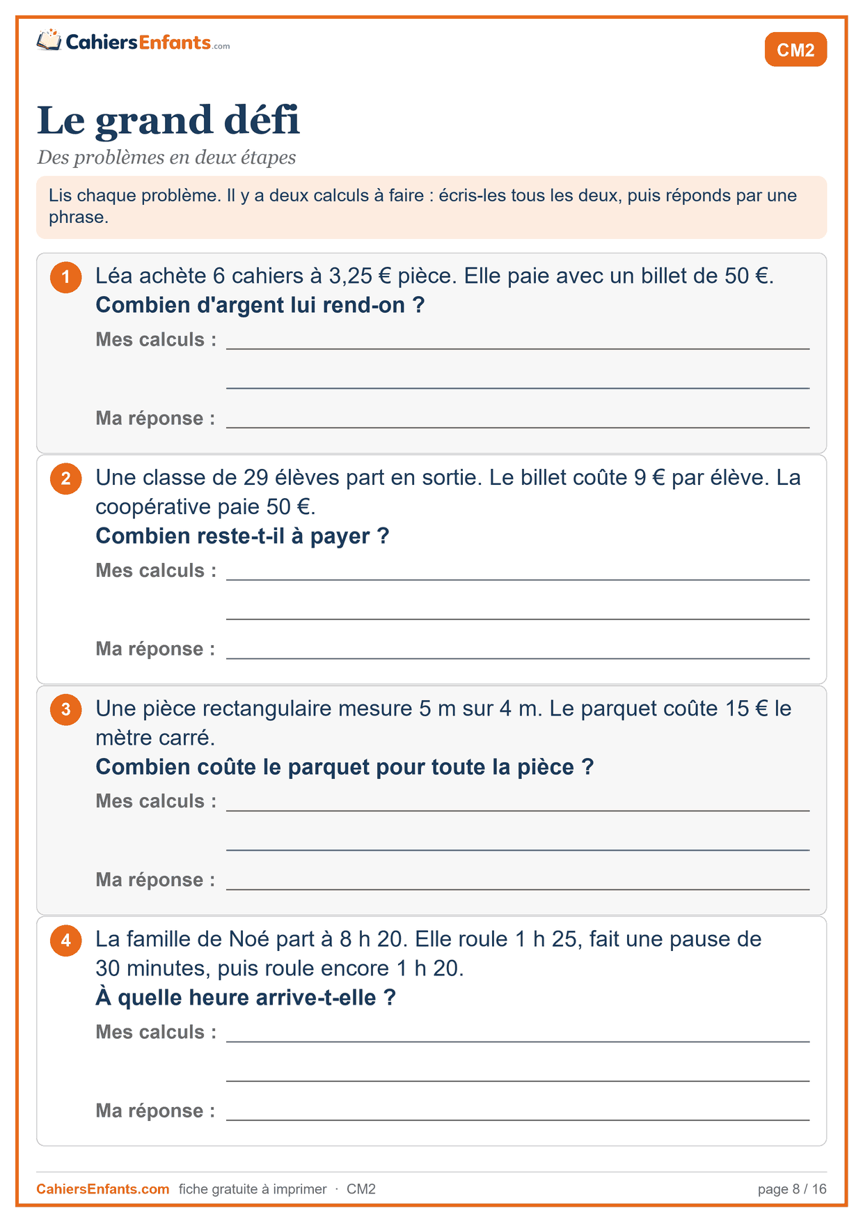 Fiche de problèmes CM2 à imprimer : le grand défi