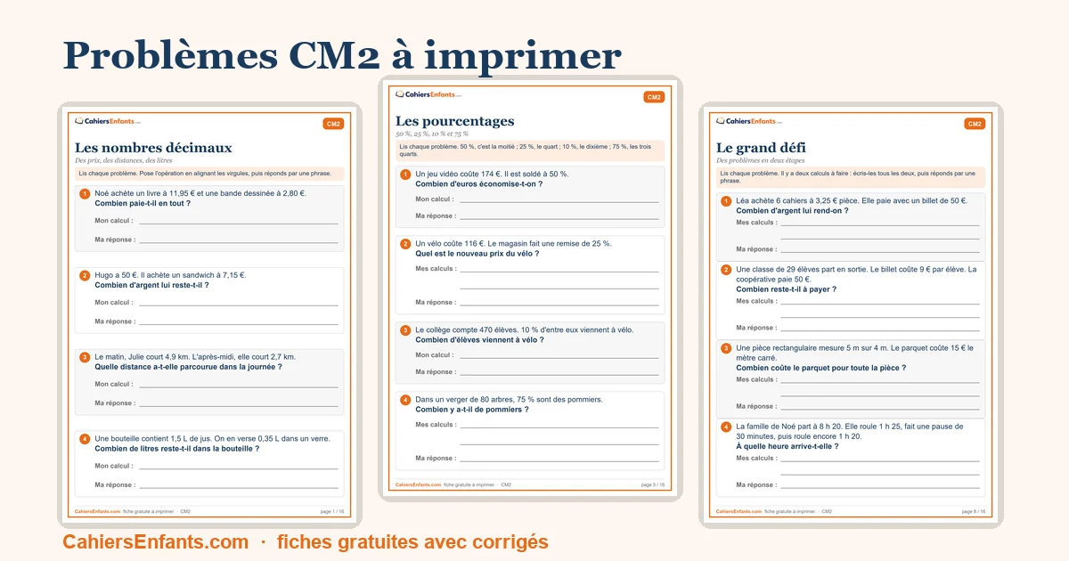 Fiches de problèmes mathématiques CM2 à imprimer avec corrigés