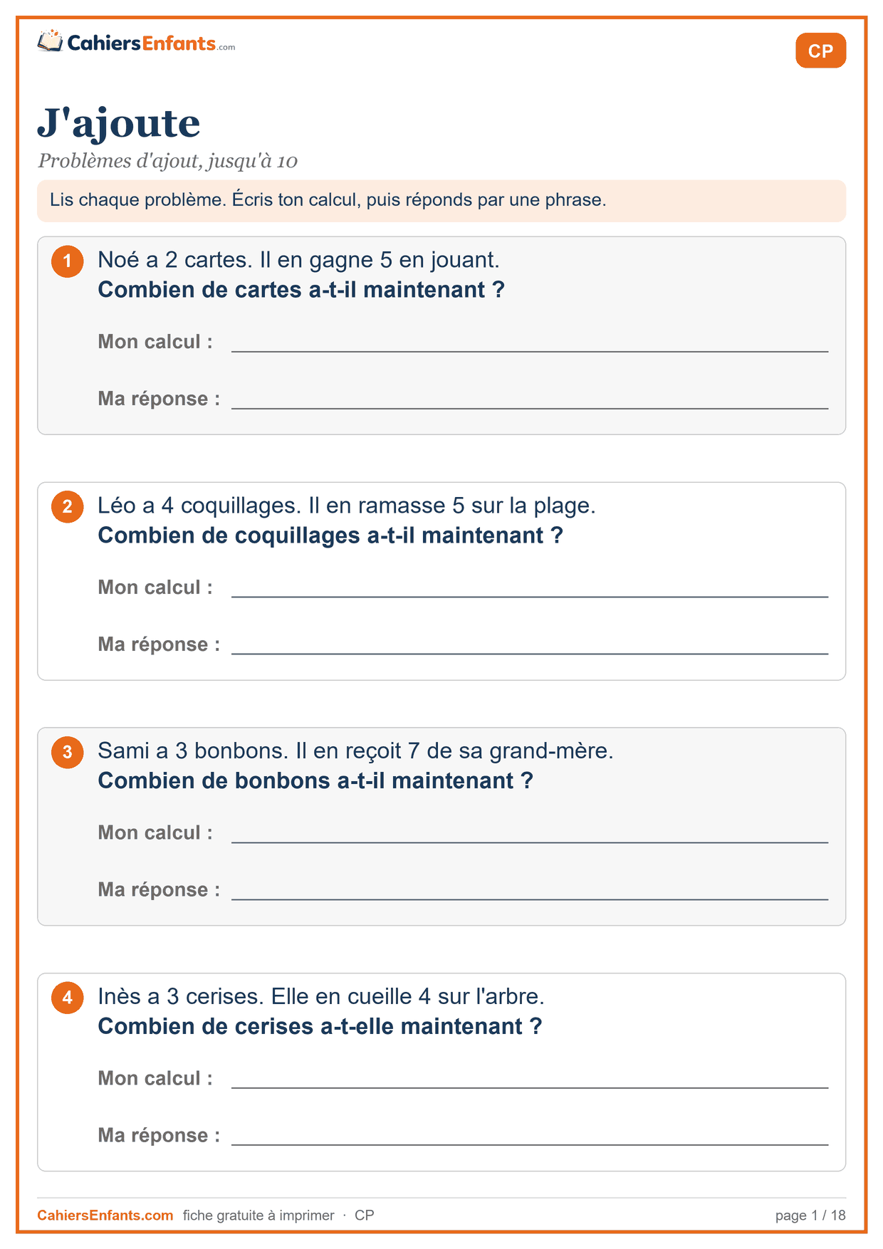 Fiche de problèmes CP à imprimer : j'ajoute