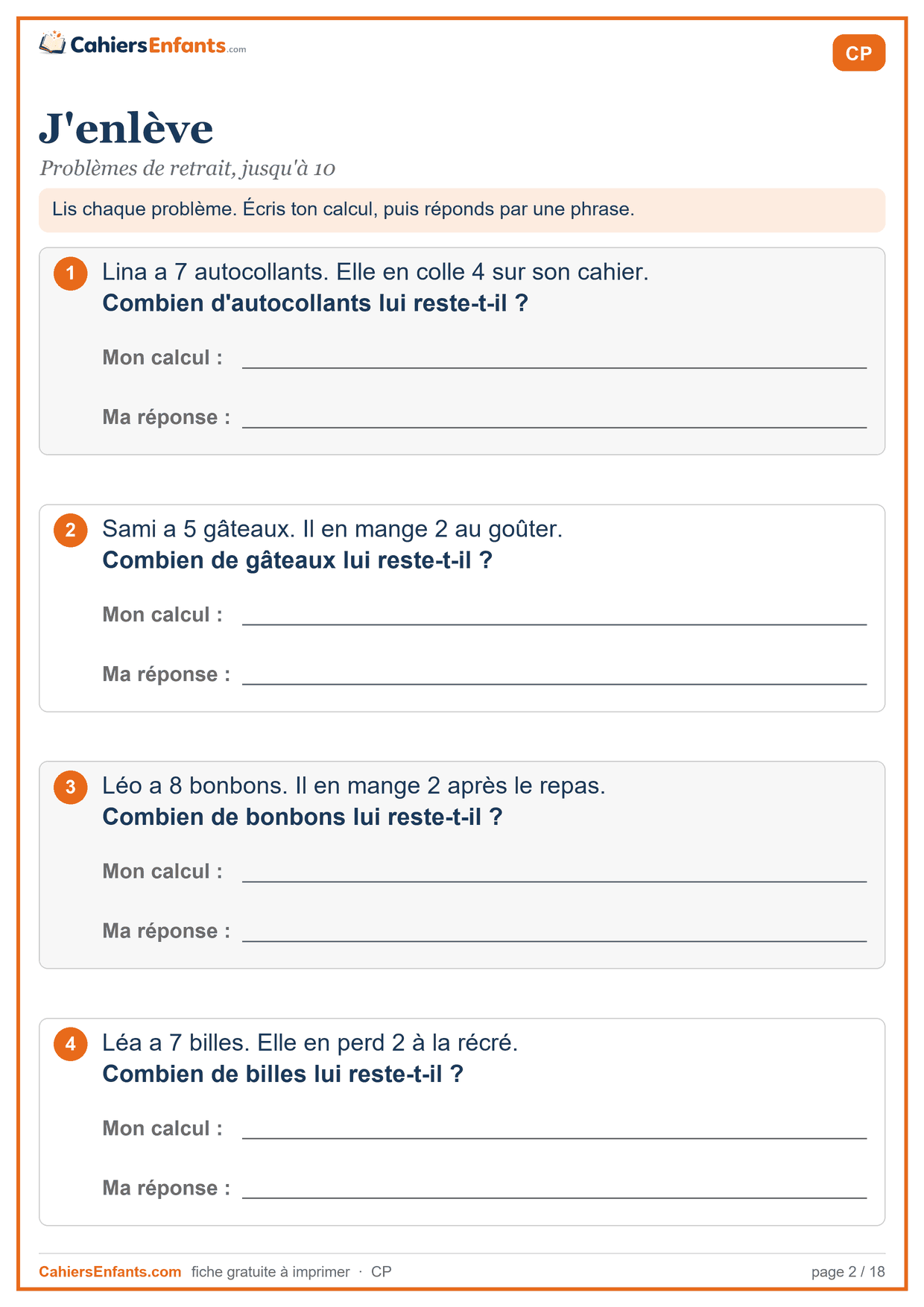 Fiche de problèmes CP à imprimer : j'enlève