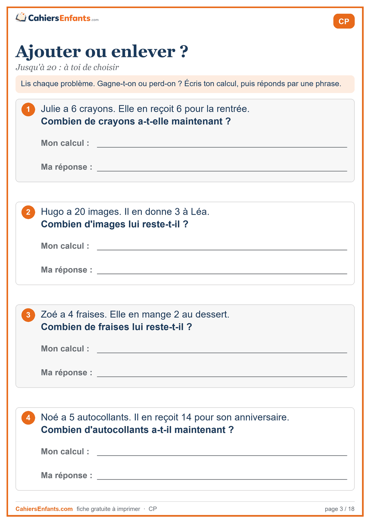 Fiche de problèmes CP à imprimer : ajouter ou enlever