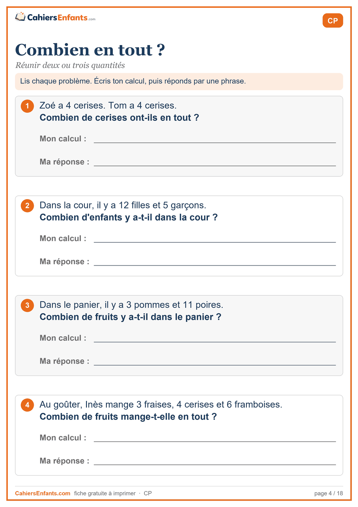 Fiche de problèmes CP à imprimer : combien en tout