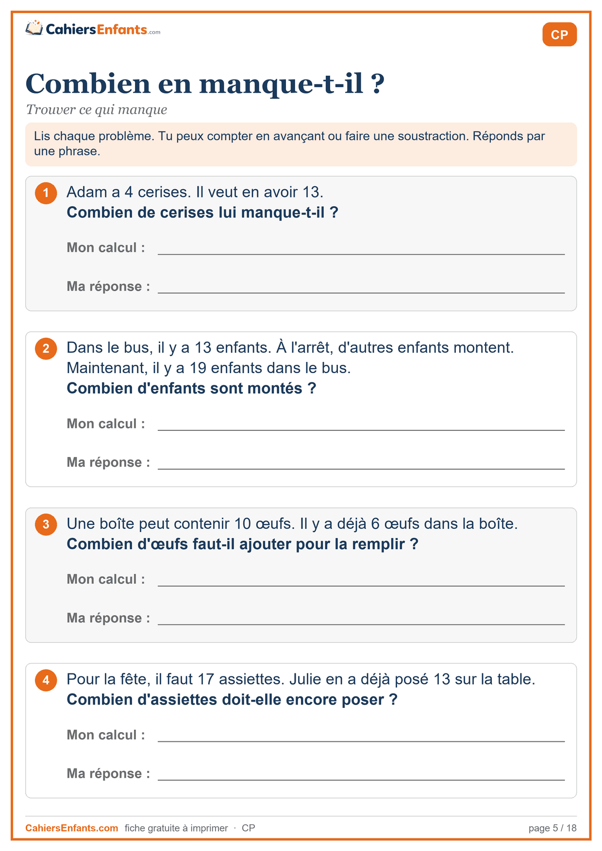 Fiche de problèmes CP à imprimer : combien en manque-t-il