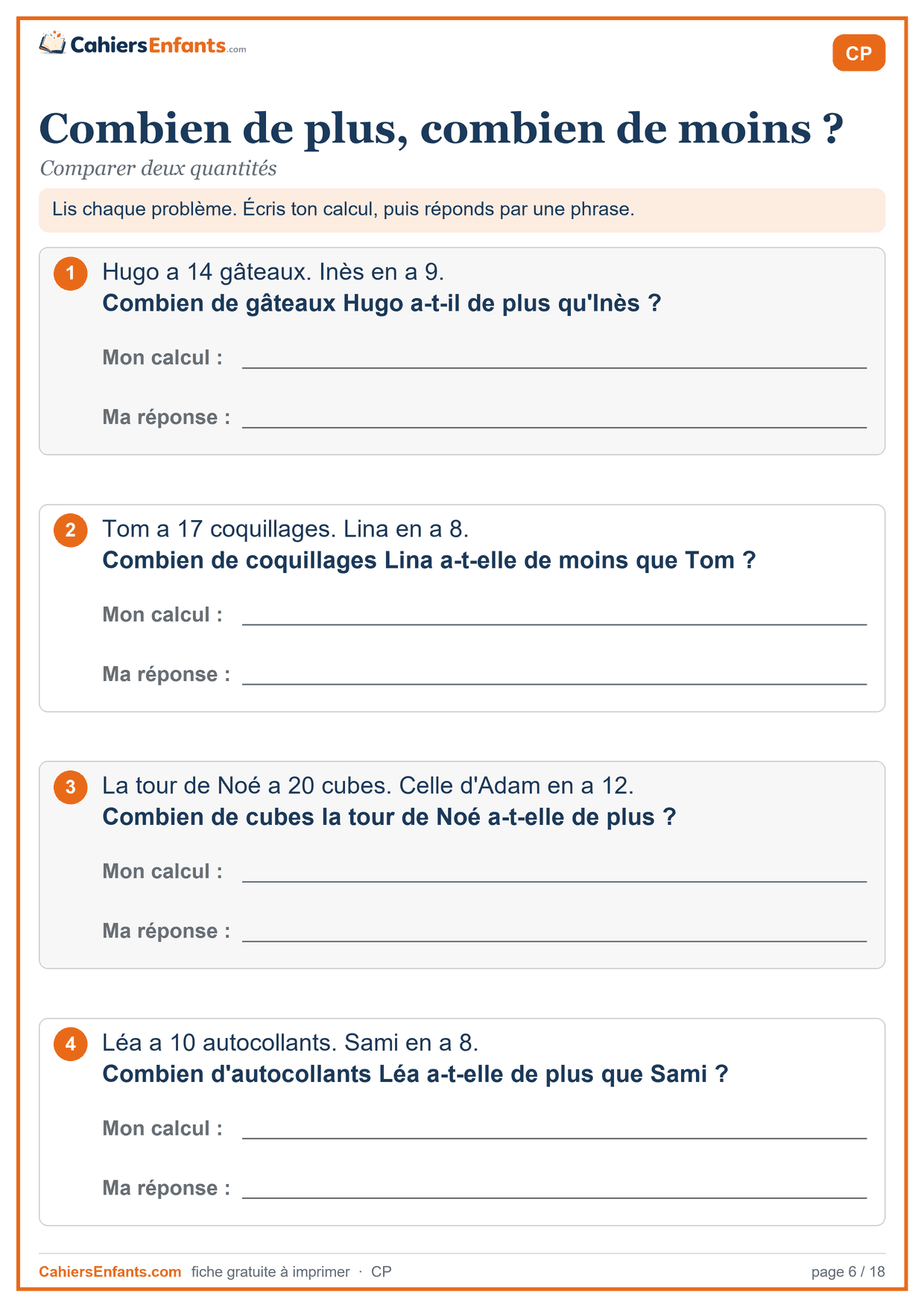 Fiche de problèmes CP à imprimer : combien de plus, combien de moins