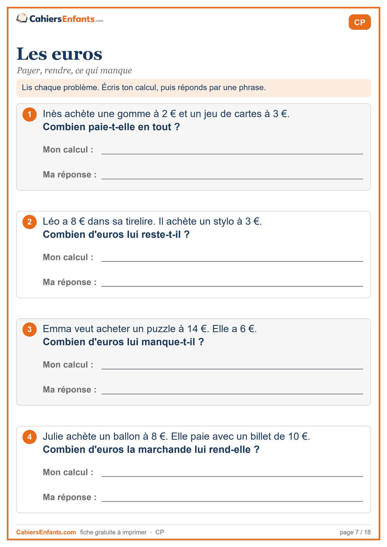 Fiche de problèmes CP à imprimer : les euros