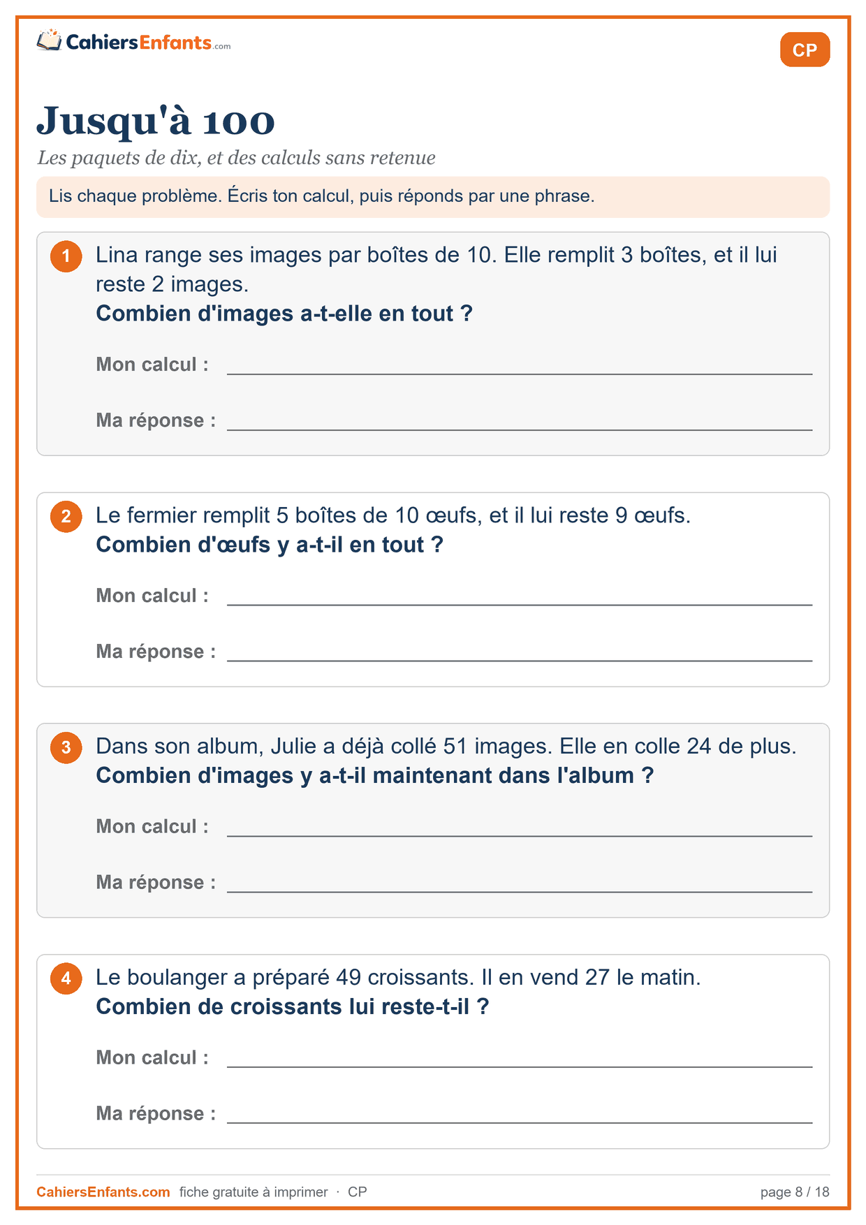 Fiche de problèmes CP à imprimer : jusqu'à 100