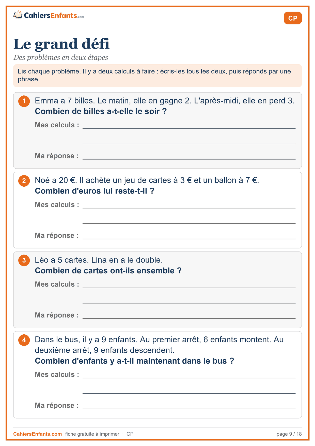 Fiche de problèmes CP à imprimer : le grand défi