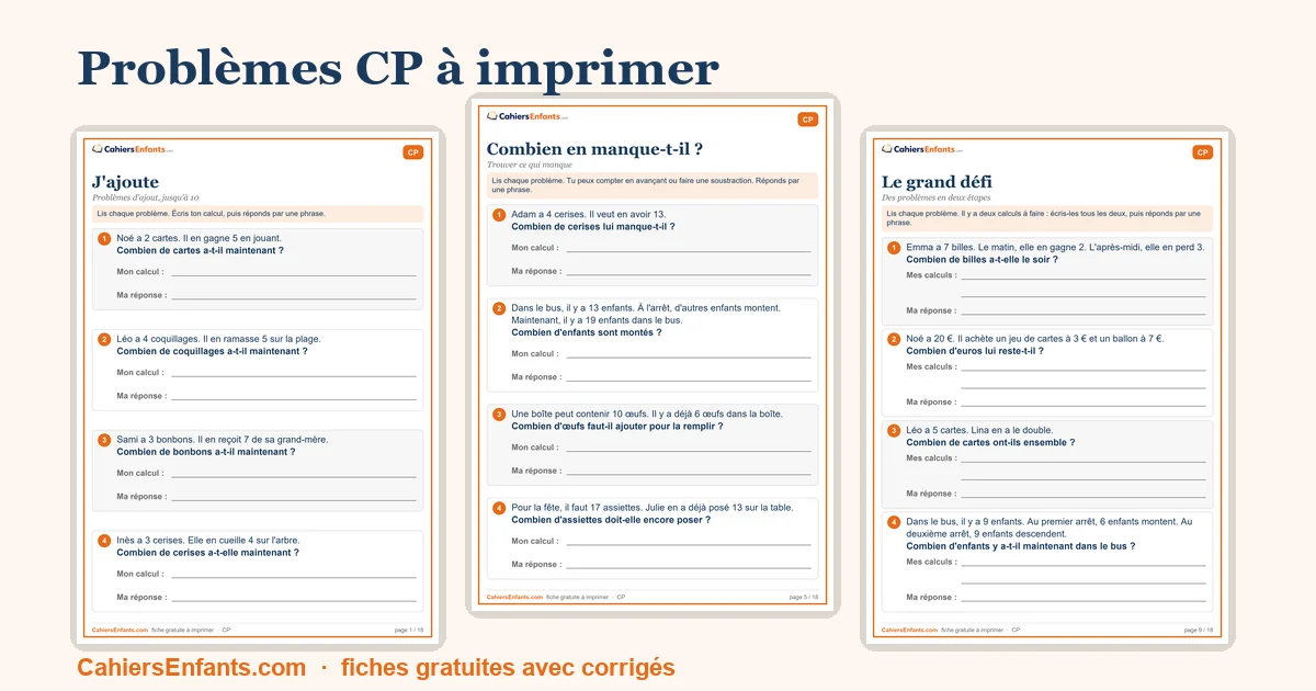 Fiches de problèmes mathématiques CP à imprimer avec corrigés