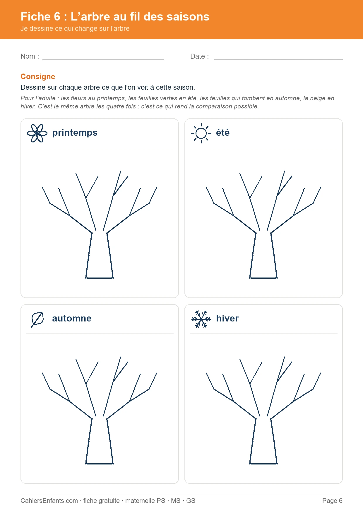 L'arbre aux quatre saisons à dessiner, fiche maternelle sur les saisons à imprimer