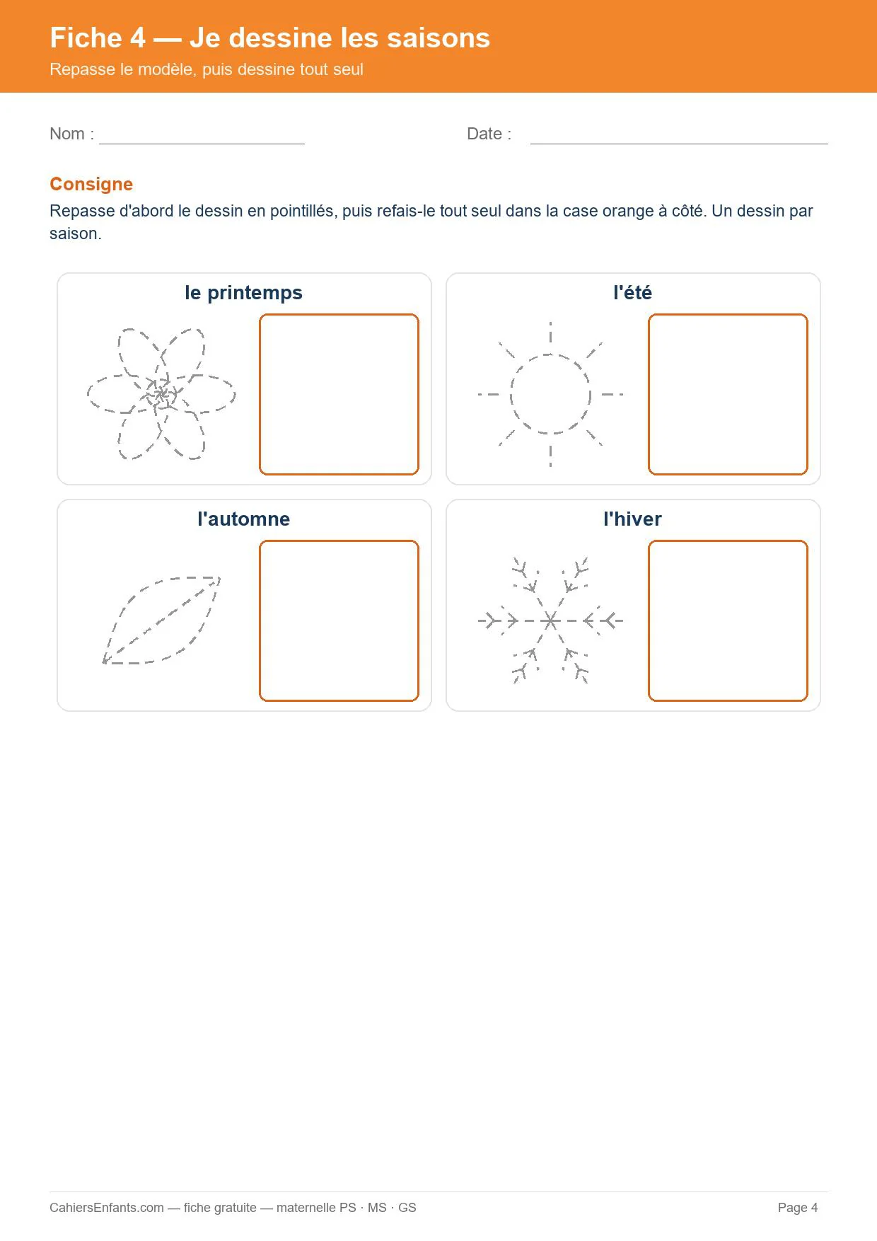 Dessiner les 4 saisons, fiche de graphisme maternelle sur les saisons à imprimer