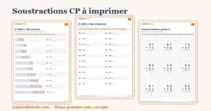 Fiches de soustraction CP à imprimer : jetons barrés, dizaines et soustractions posées