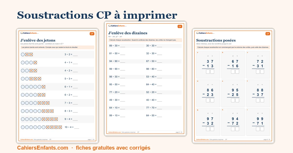 Fiches de soustraction CP à imprimer : jetons barrés, dizaines et soustractions posées