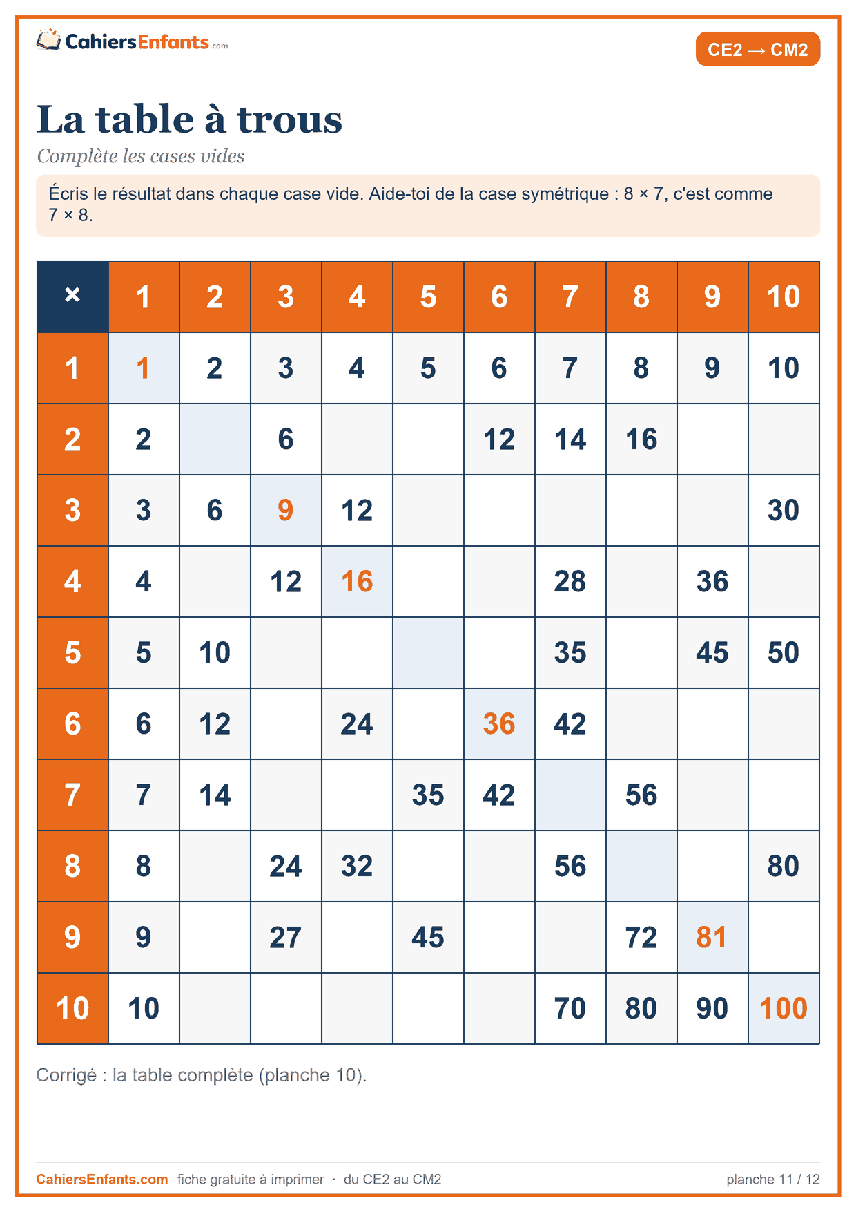 Table de multiplication à trous à imprimer, cases à compléter