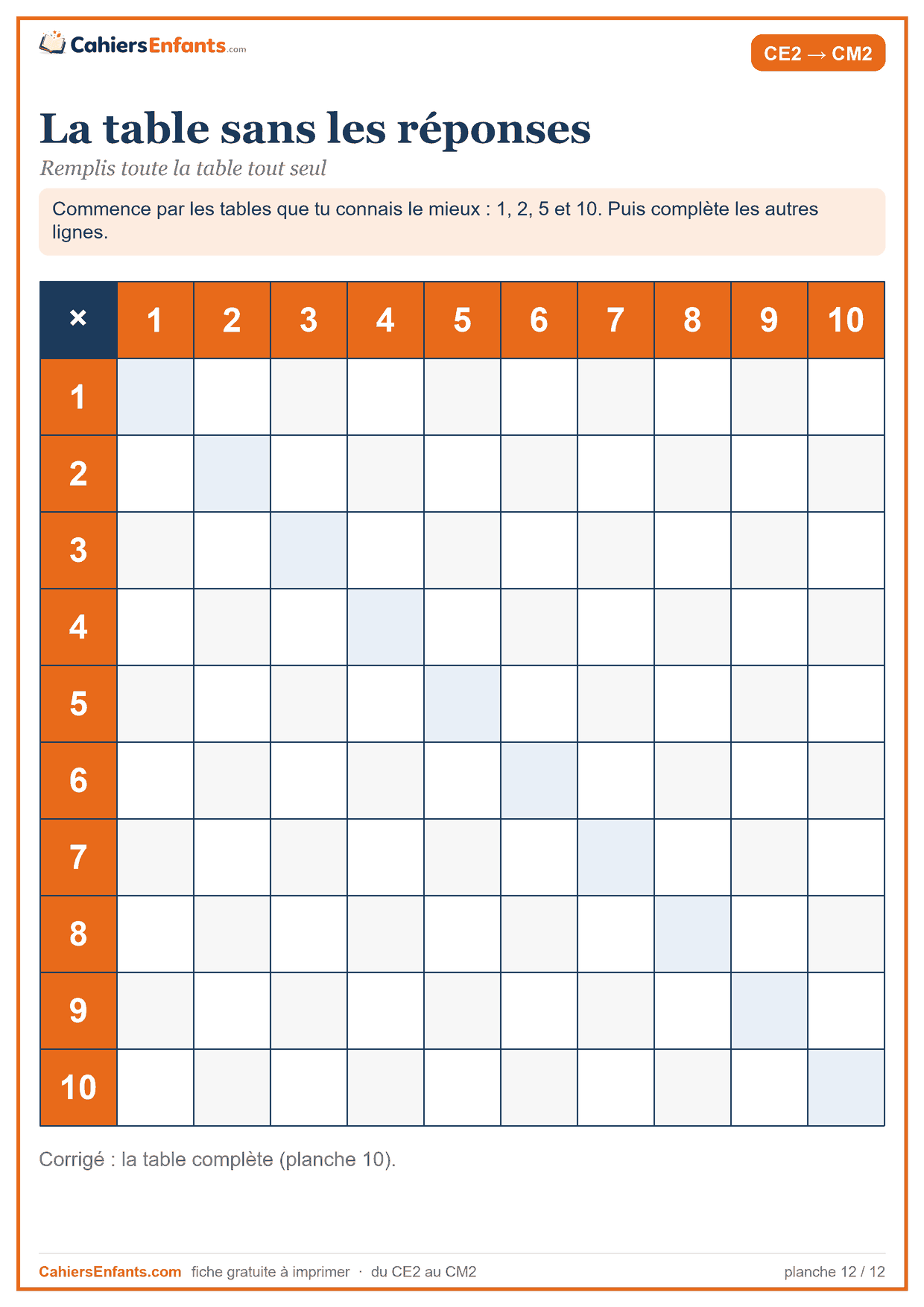 Table de multiplication vierge sans les réponses à imprimer