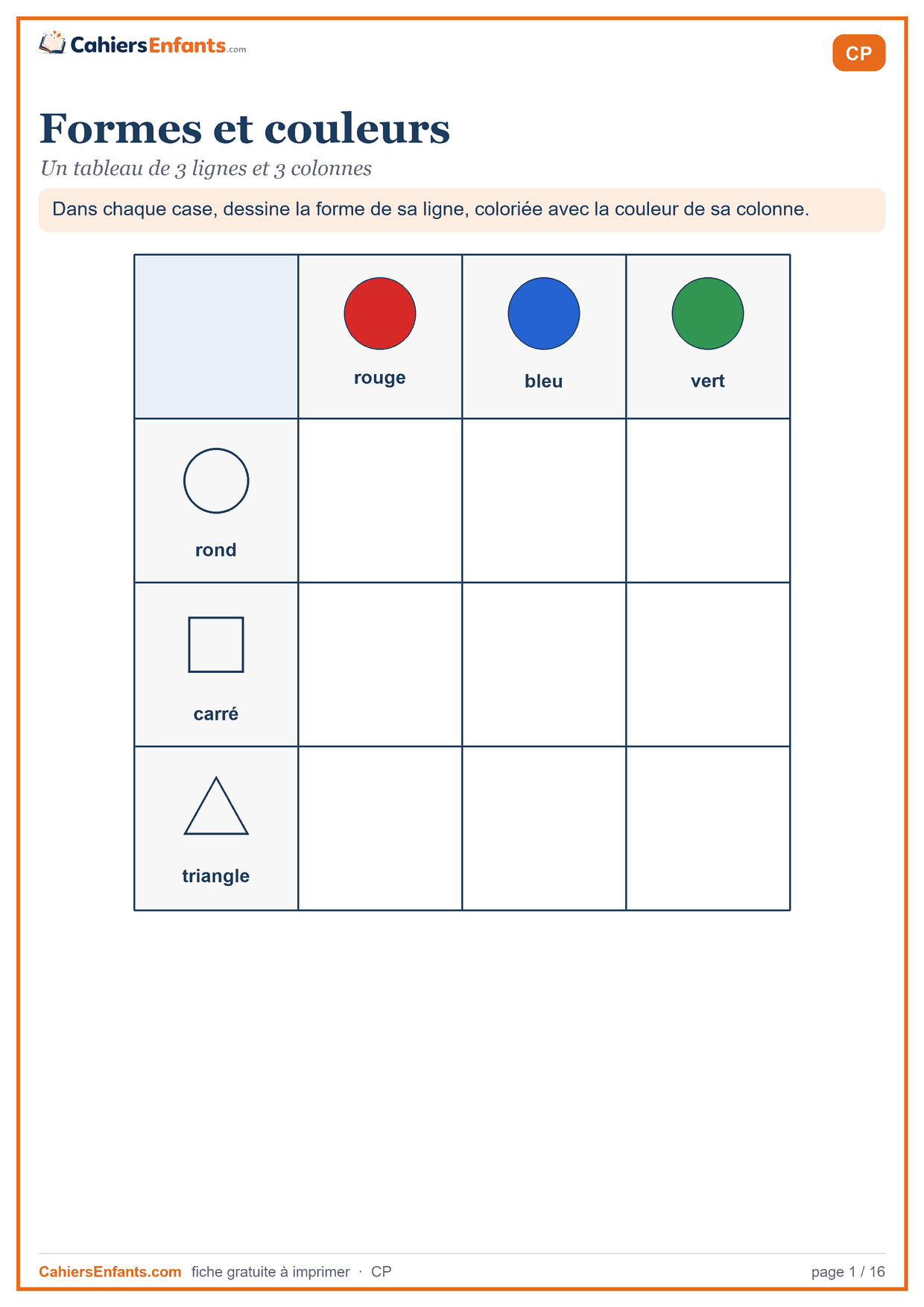 Fiche tableau à double entrée CP à imprimer, formes et couleurs en 3 lignes et 3 colonnes