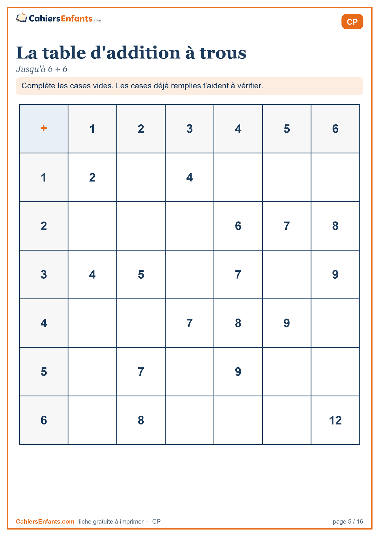 Fiche table d'addition à trous CP à imprimer