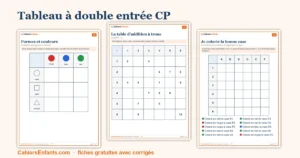 Fiches de tableau à double entrée CP à imprimer : formes, couleurs et table d'addition