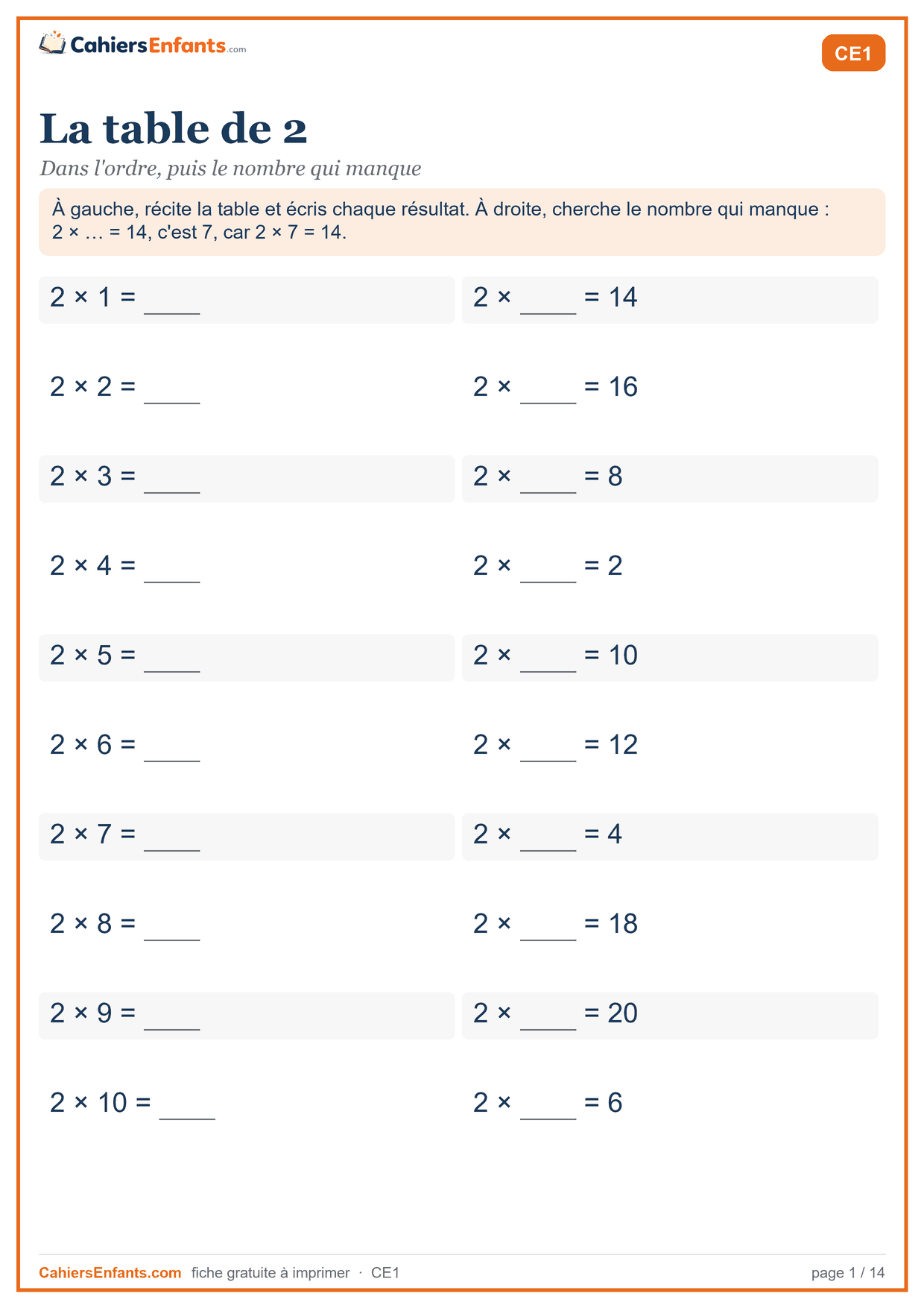 Fiche table de 2 à imprimer CE1, dans l'ordre et à trous