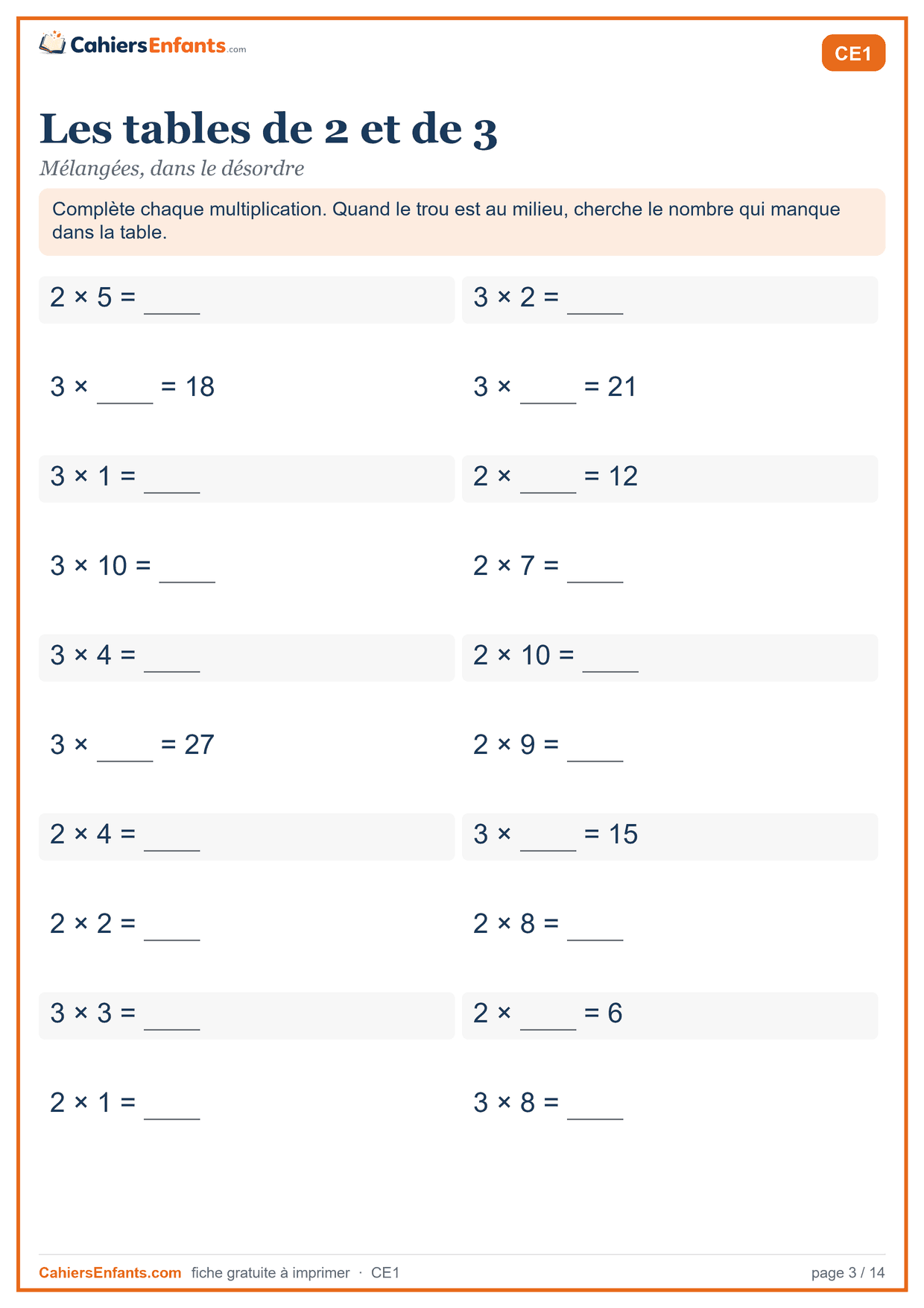 Fiche tables de 2 et de 3 mélangées à imprimer CE1