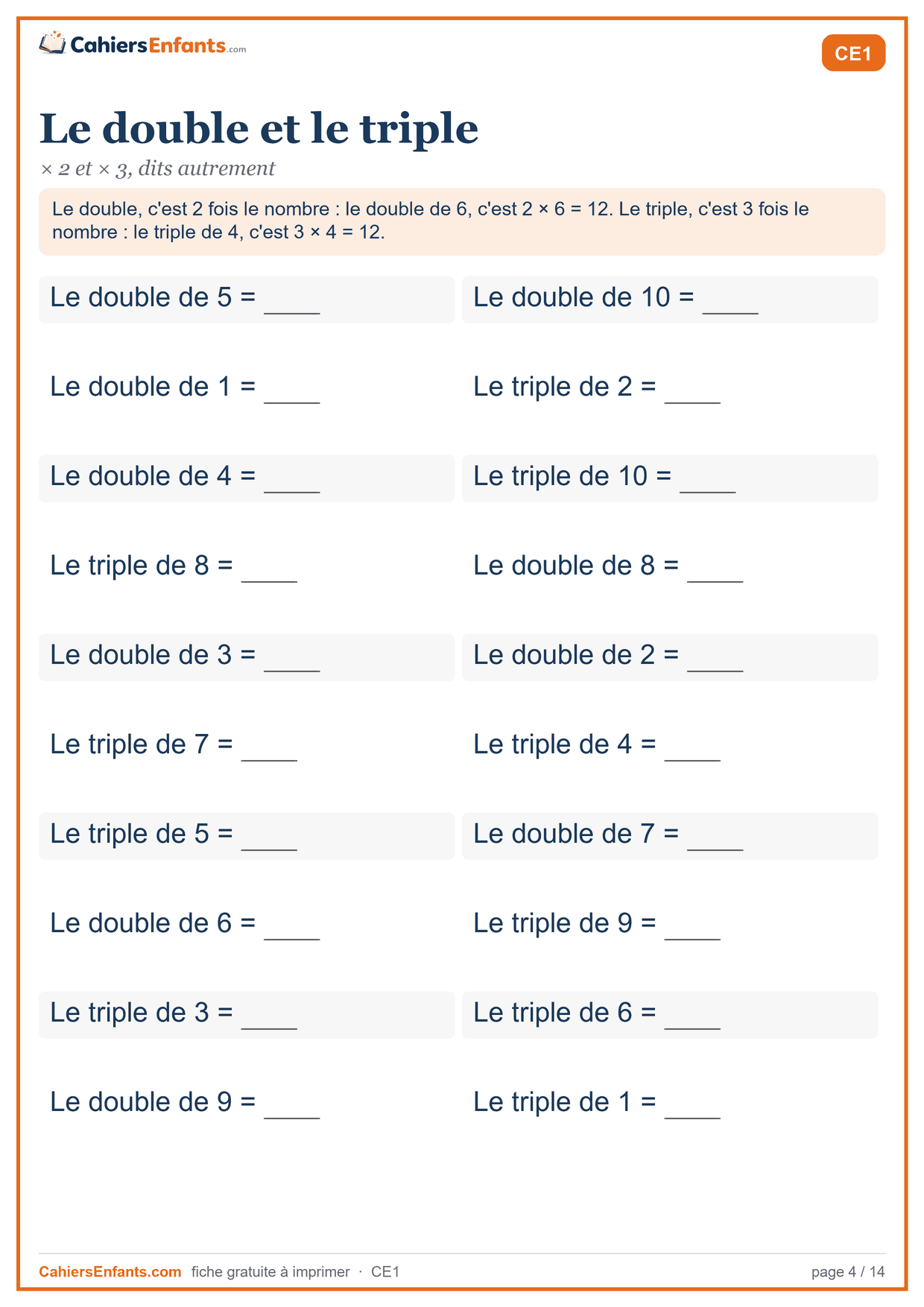 Fiche le double et le triple à imprimer CE1, tables de 2 et de 3