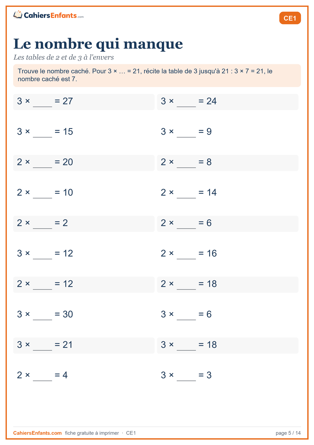 Fiche tables de 2 et de 3 à trous à imprimer CE1 : le nombre qui manque