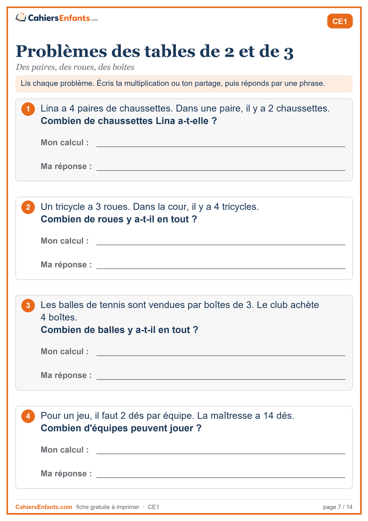 Fiche problèmes des tables de 2 et de 3 à imprimer CE1