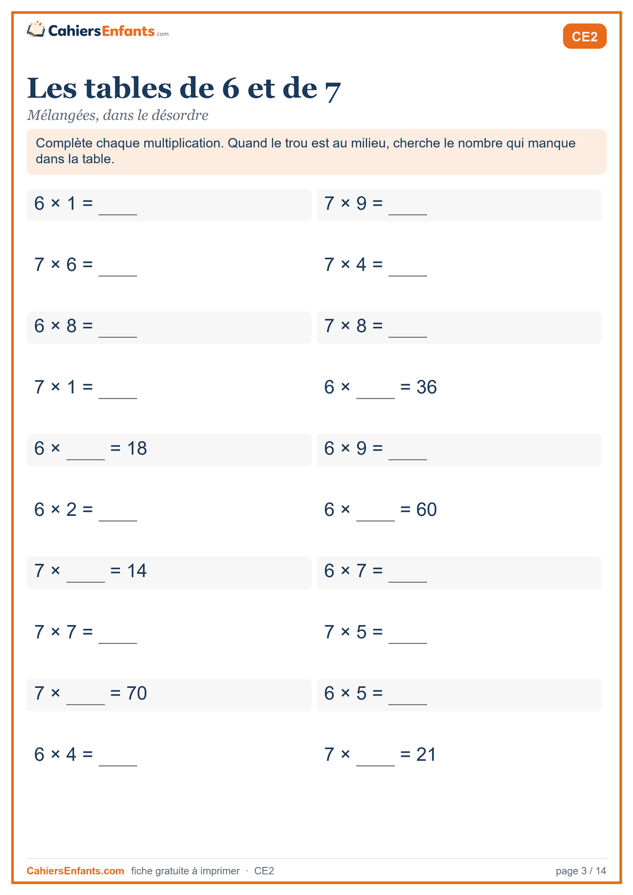 Fiche tables de 6 et de 7 mélangées à imprimer CE2