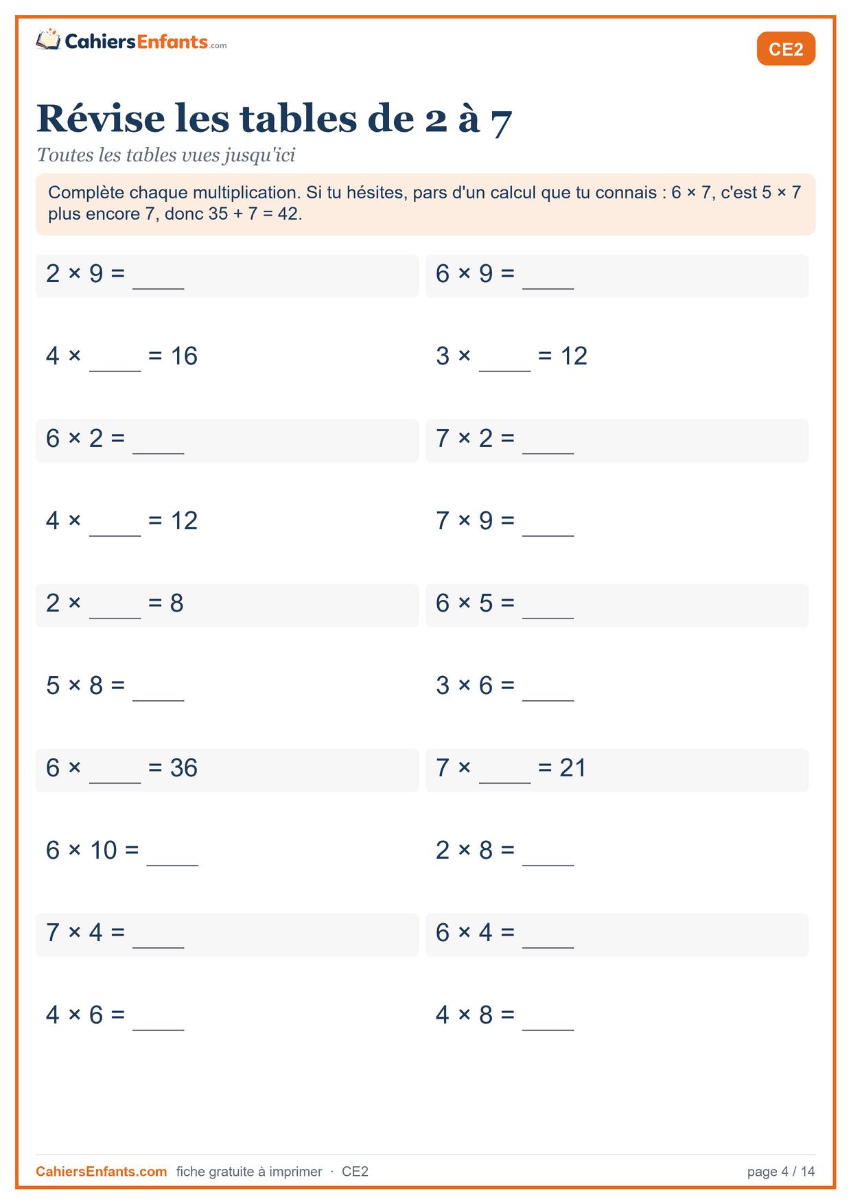 Fiche révision des tables de 2 à 7 à imprimer CE2