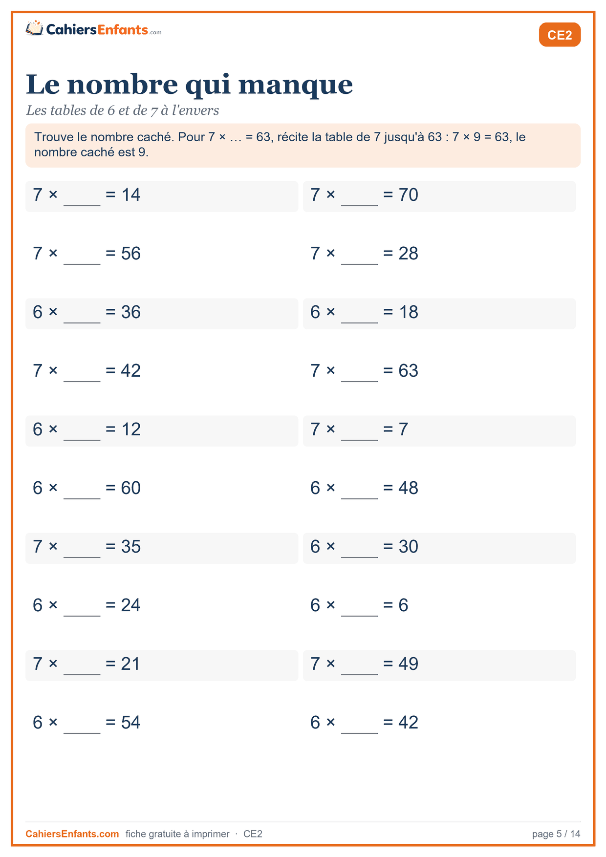 Fiche tables de 6 et de 7 à trous à imprimer CE2 : le nombre qui manque