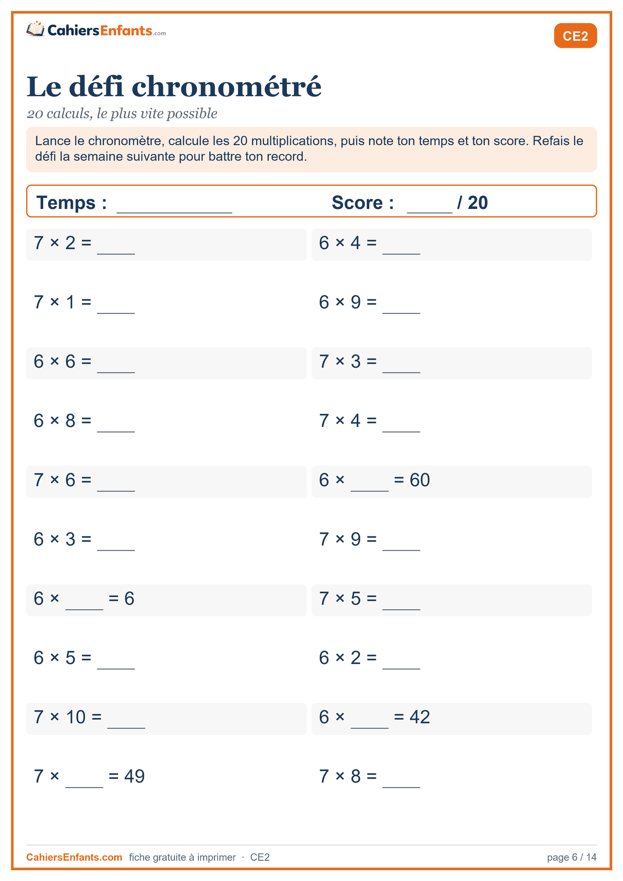 Fiche défi chronométré des tables de 6 et de 7 à imprimer CE2