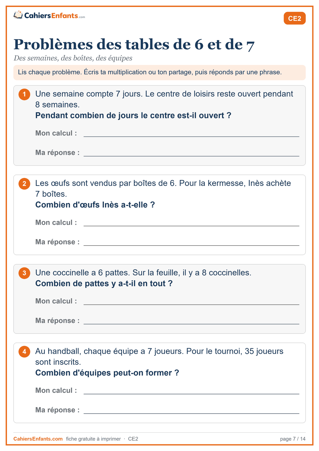 Fiche problèmes des tables de 6 et de 7 à imprimer CE2