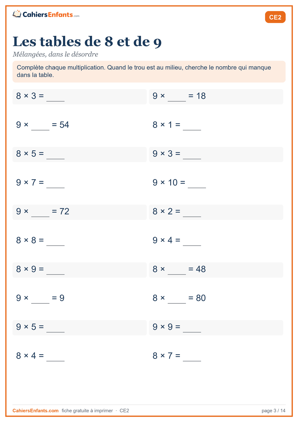 Fiche tables de 8 et de 9 mélangées à imprimer CE2