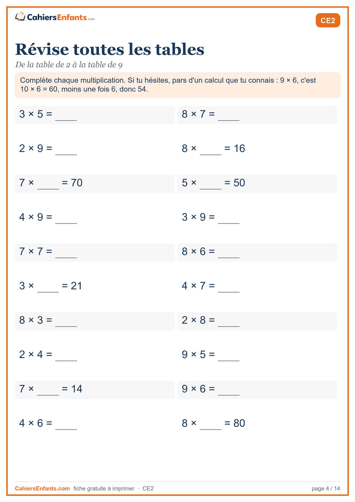 Fiche révision de toutes les tables de multiplication de 2 à 9 à imprimer CE2