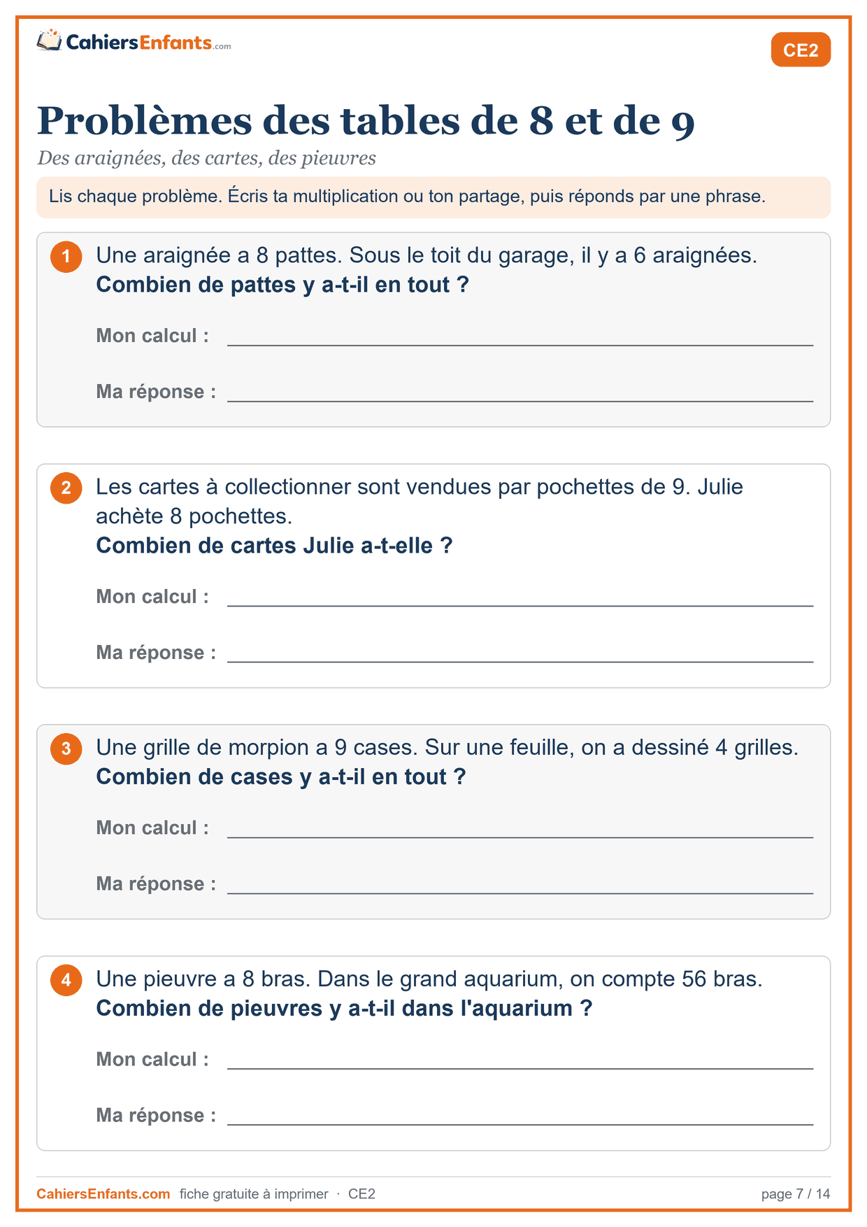 Fiche problèmes des tables de 8 et de 9 à imprimer CE2