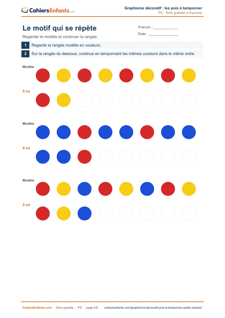 Fiche pois à tamponner : continuer le motif de pois en alternant les couleurs