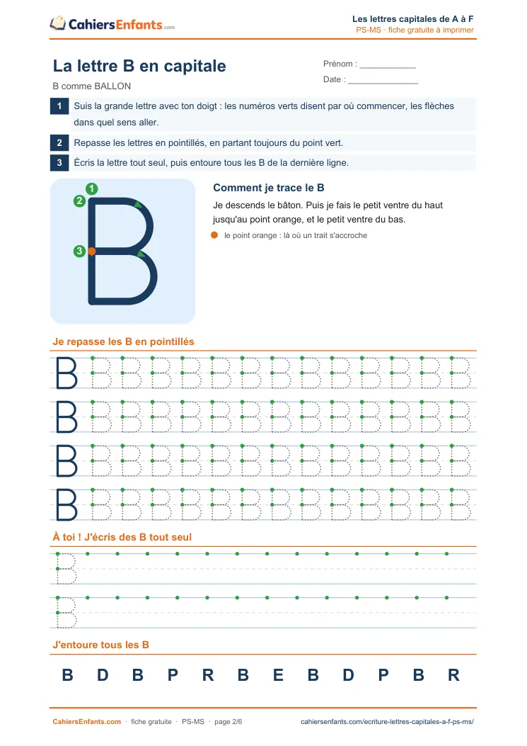 Fiche d'écriture lettre capitale B à tracer maternelle PS MS à imprimer