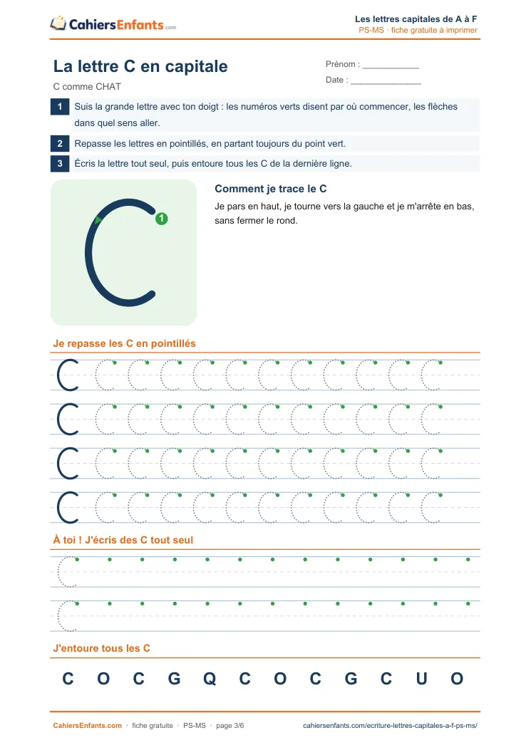Fiche d'écriture lettre capitale C à tracer maternelle PS MS à imprimer