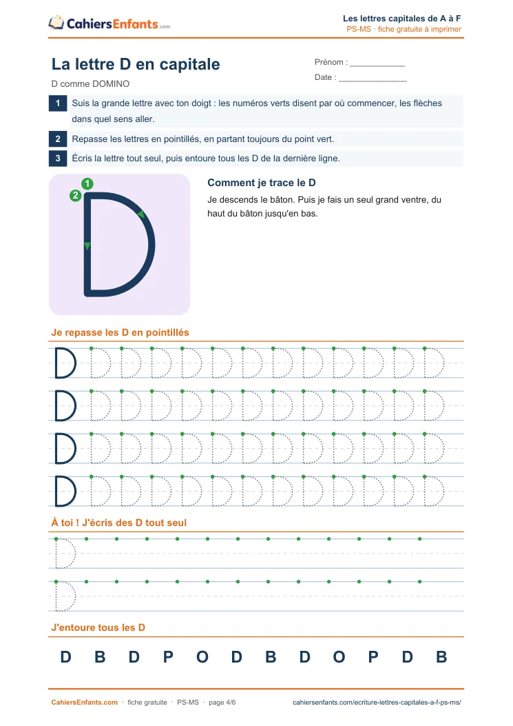 Fiche d'écriture lettre capitale D à tracer maternelle PS MS à imprimer