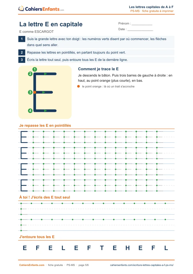 Fiche d'écriture lettre capitale E à tracer maternelle PS MS à imprimer
