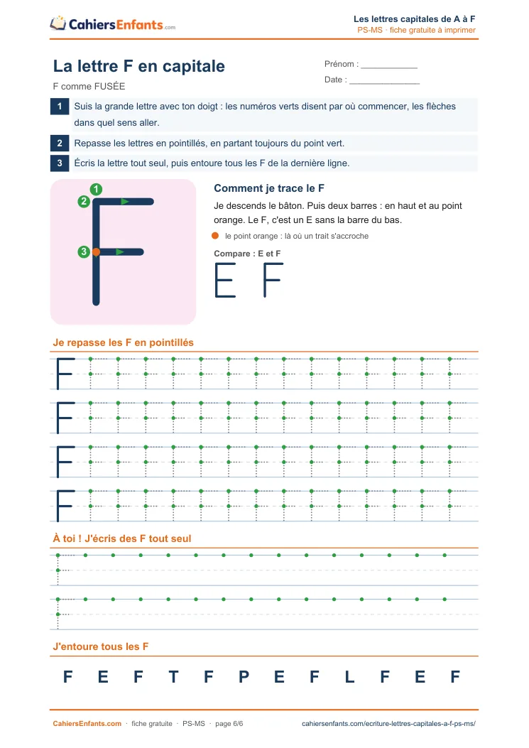 Fiche d'écriture lettre capitale F à tracer maternelle PS MS à imprimer
