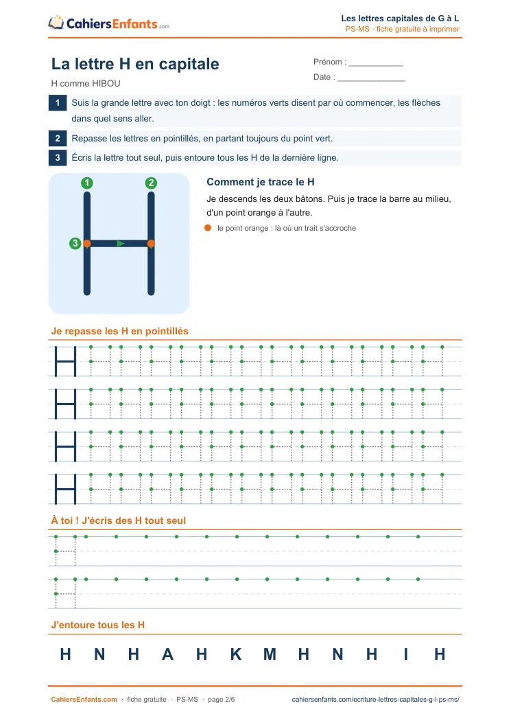 Fiche d'écriture de la lettre capitale H à tracer en maternelle à imprimer