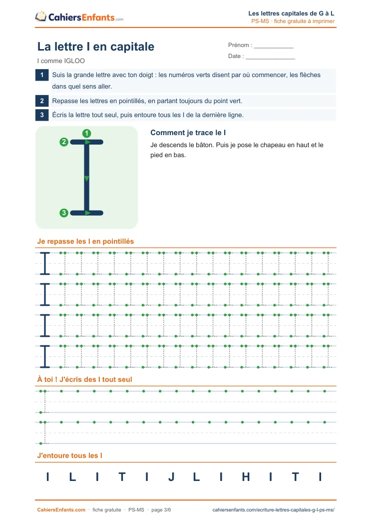 Fiche d'écriture de la lettre capitale I à tracer en maternelle à imprimer