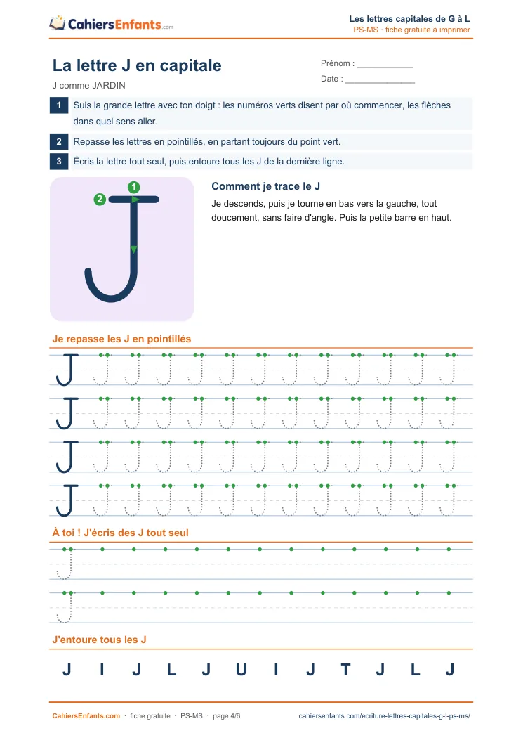 Fiche d'écriture de la lettre capitale J à tracer en maternelle à imprimer
