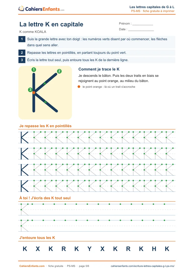 Fiche d'écriture de la lettre capitale K à tracer en maternelle à imprimer