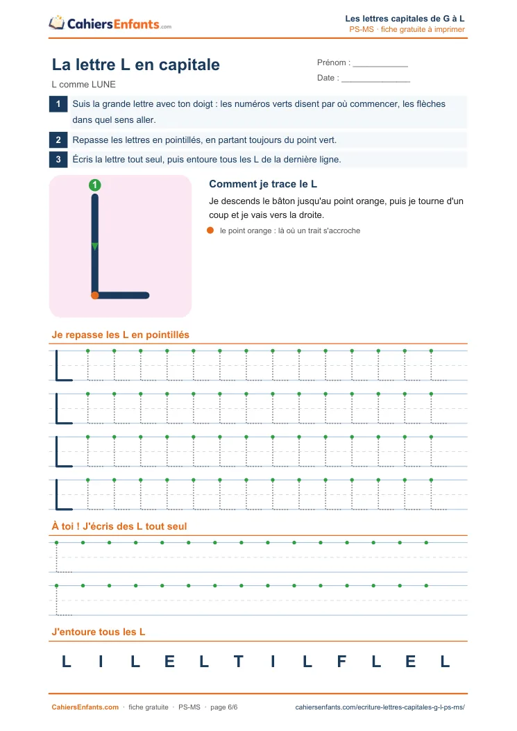 Fiche d'écriture de la lettre capitale L à tracer en maternelle à imprimer