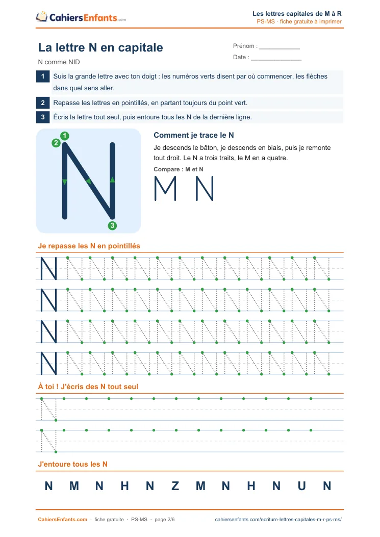 Fiche d'écriture de la lettre capitale N à tracer en maternelle à imprimer