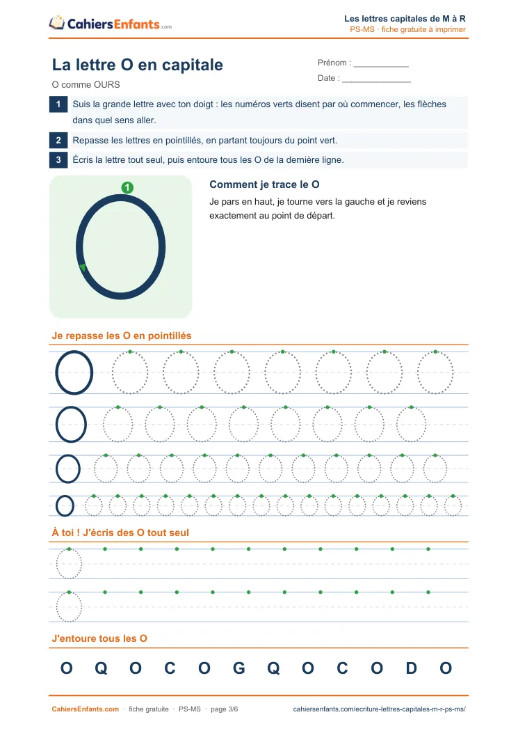Fiche d'écriture de la lettre capitale O à tracer en maternelle à imprimer
