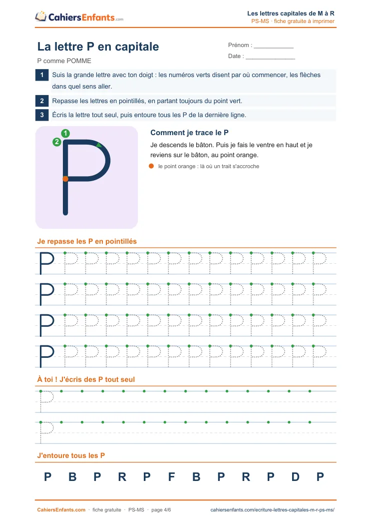Fiche d'écriture de la lettre capitale P à tracer en maternelle à imprimer